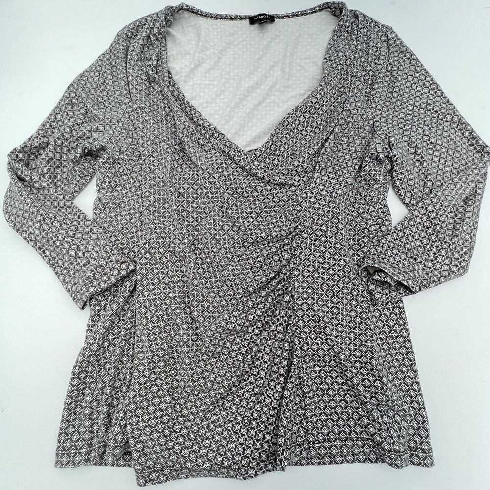 Talbots Women's Surplice Stretch Top Size L 3/4 Sleeves Ruching Geometric Print
